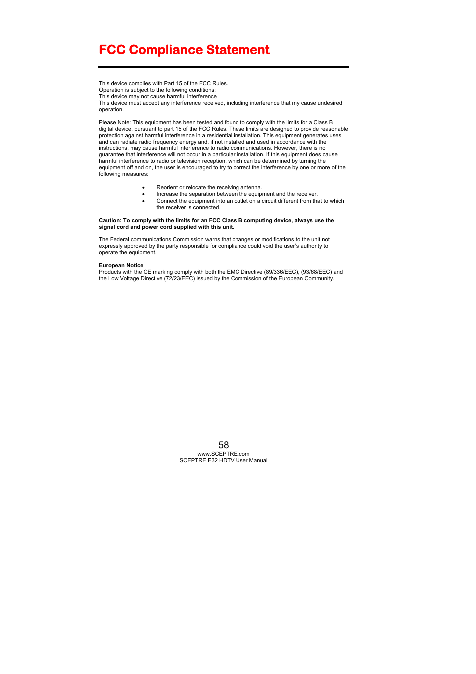Fcc compliance statement | Sceptre E325BD-HD User Manual | Page 58 / 58