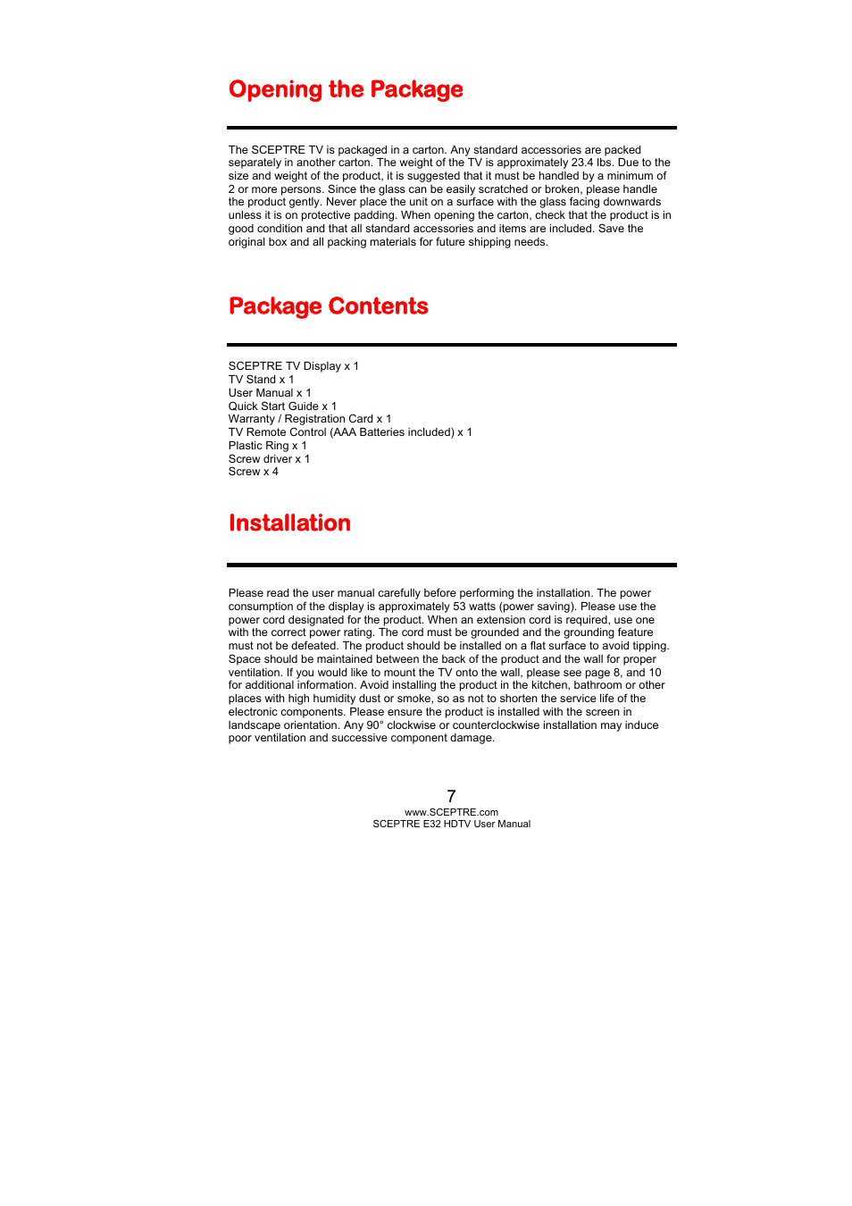 Opening the package, Package contents, Installation | Sceptre E325BD-HD User Manual | Page 7 / 58