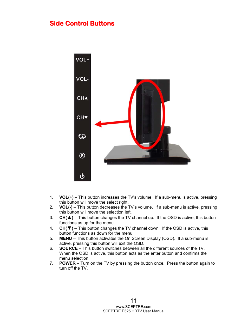 Side control buttons | Sceptre E325BV-HDC User Manual | Page 11 / 52