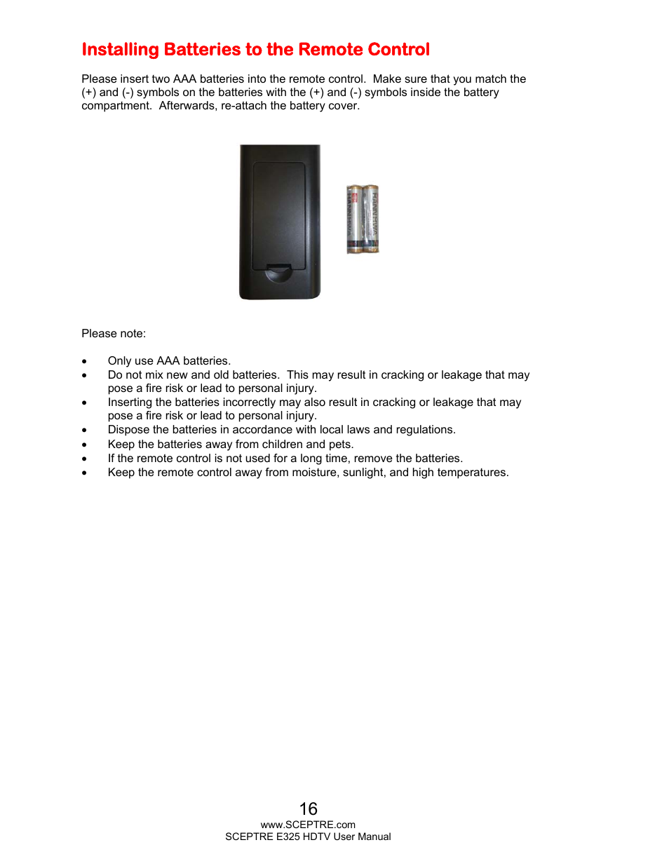 Installing batteries to the remote control | Sceptre E325BV-HDC User Manual | Page 16 / 52