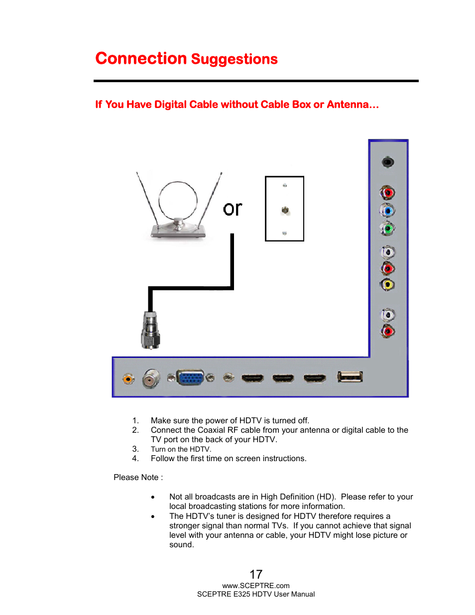 Connection, Suggestions | Sceptre E325BV-HDC User Manual | Page 17 / 52