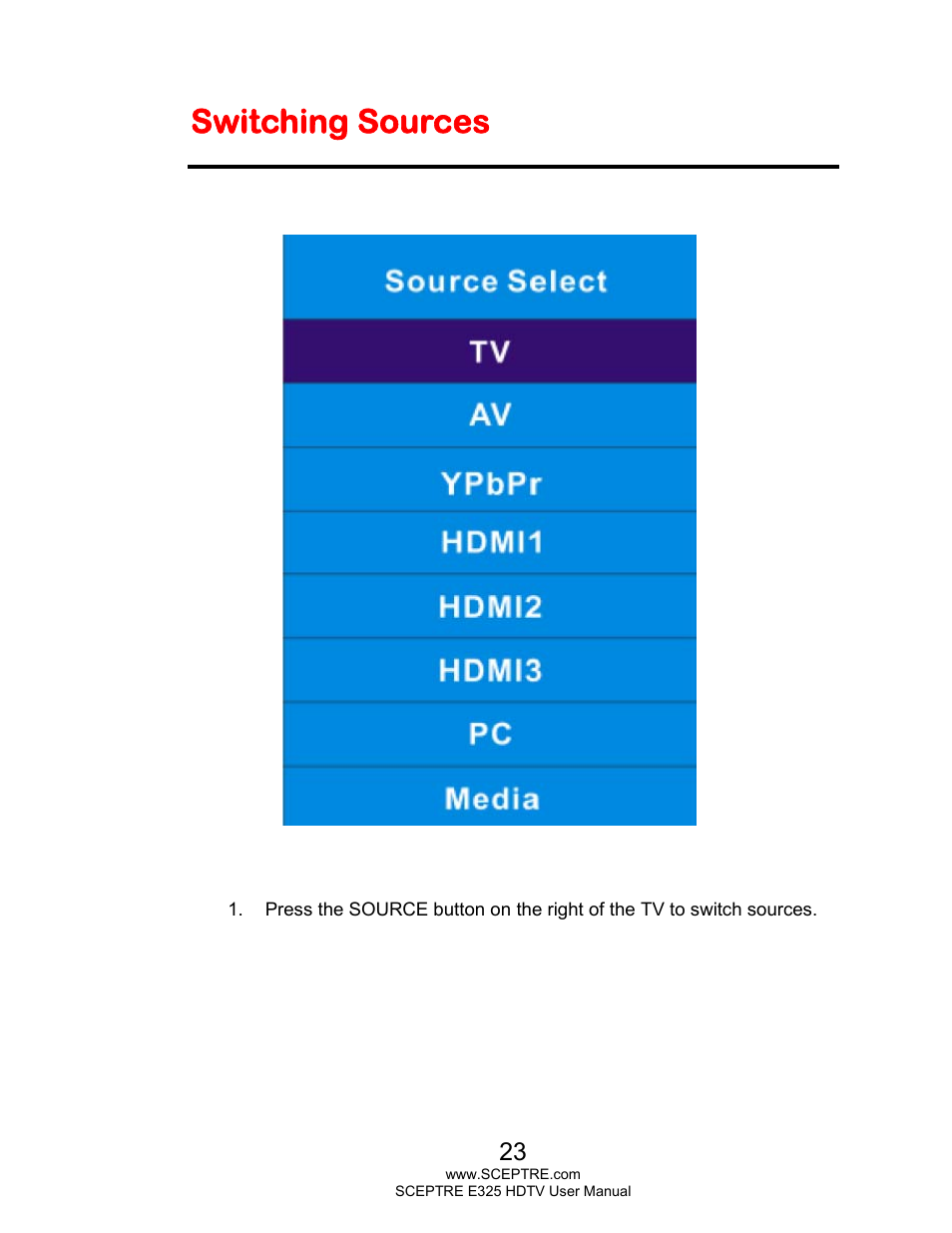 Switching sources | Sceptre E325BV-HDC User Manual | Page 23 / 52
