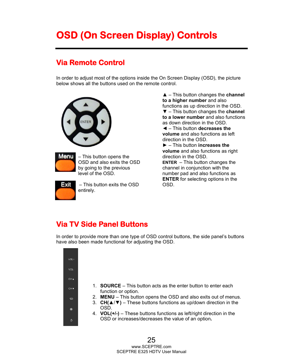 Osd (on screen display) controls, Via remote control, Via tv side panel buttons | Sceptre E325BV-HDC User Manual | Page 25 / 52