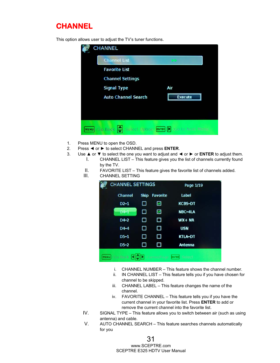 Channel | Sceptre E325BV-HDC User Manual | Page 31 / 52