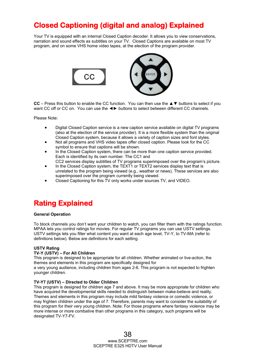 Closed captioning (digital and analog) explained, Rating explained | Sceptre E325BV-HDC User Manual | Page 38 / 52