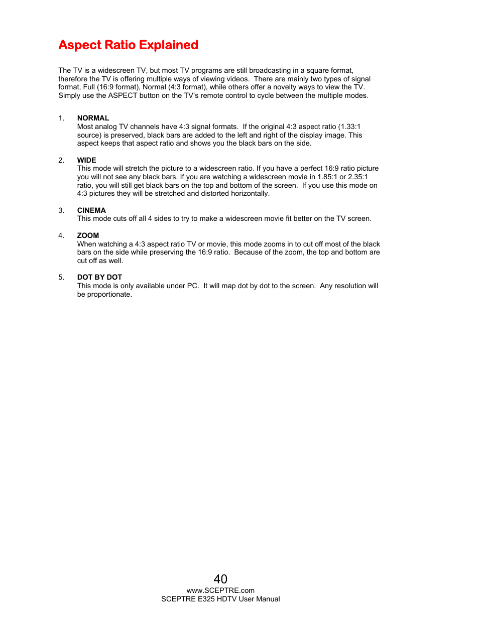 Aspect ratio explained | Sceptre E325BV-HDC User Manual | Page 40 / 52