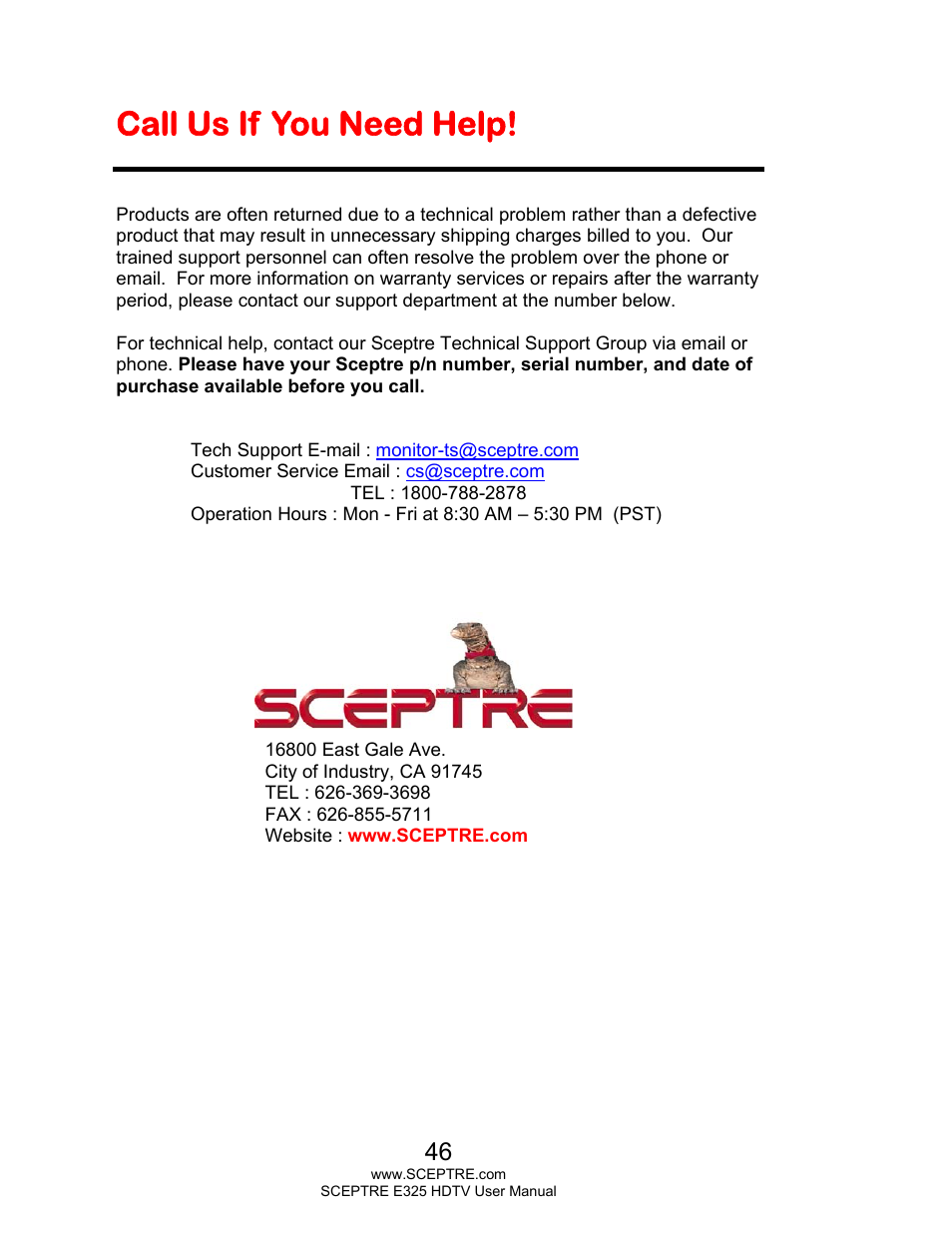 Call us if you need help | Sceptre E325BV-HDC User Manual | Page 46 / 52