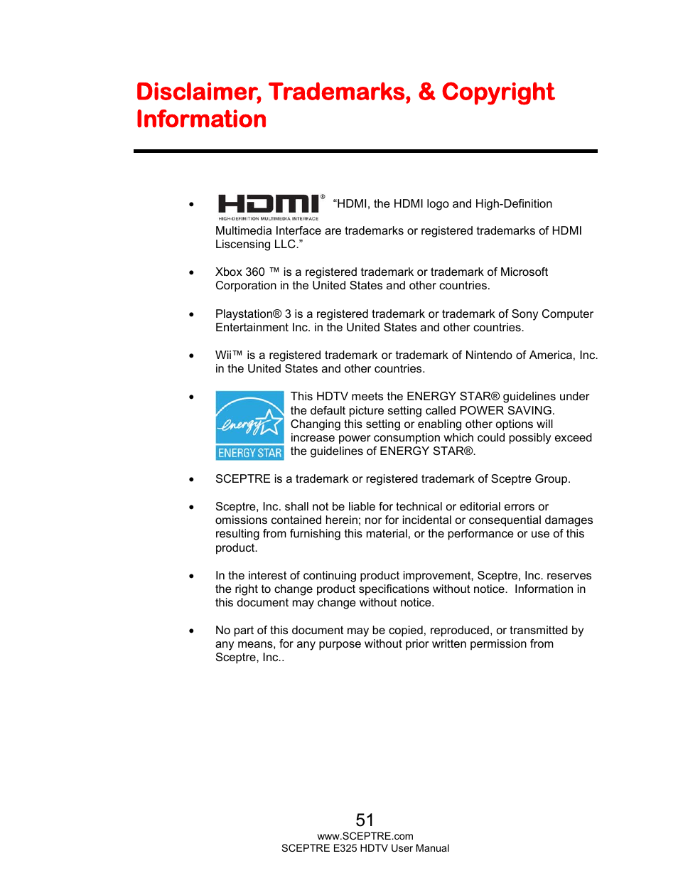 Disclaimer, trademarks, & copyright information | Sceptre E325BV-HDC User Manual | Page 51 / 52