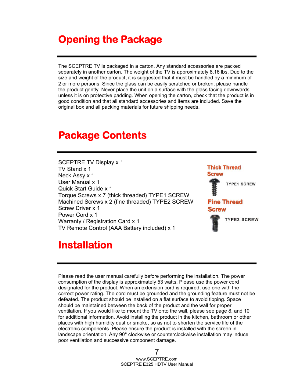 Opening the package, Package contents, Installation | Sceptre E325BV-HDC User Manual | Page 7 / 52