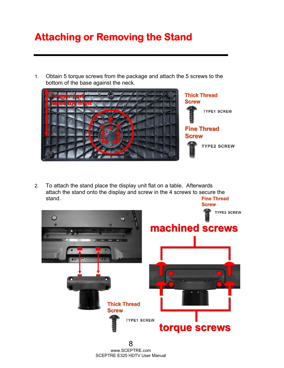 Attaching or removing the stand | Sceptre E325BV-HDC User Manual | Page 8 / 52