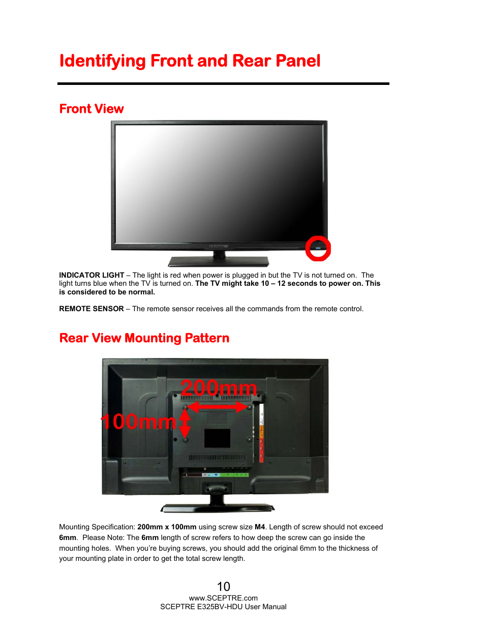 Identifying front and rear panel, Front view, Rear view mounting pattern | Sceptre E325BV-HDU User Manual | Page 10 / 52