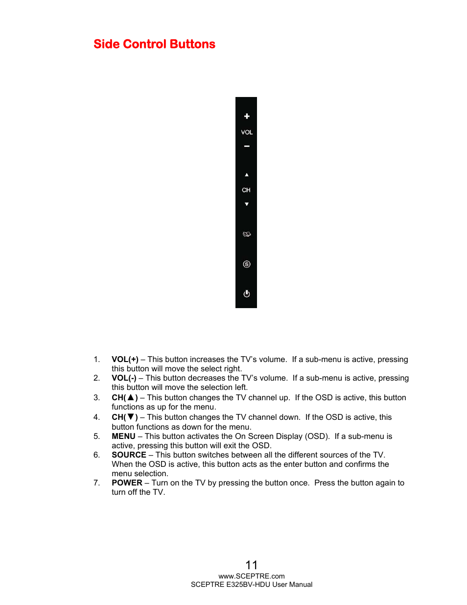 Side control buttons | Sceptre E325BV-HDU User Manual | Page 11 / 52