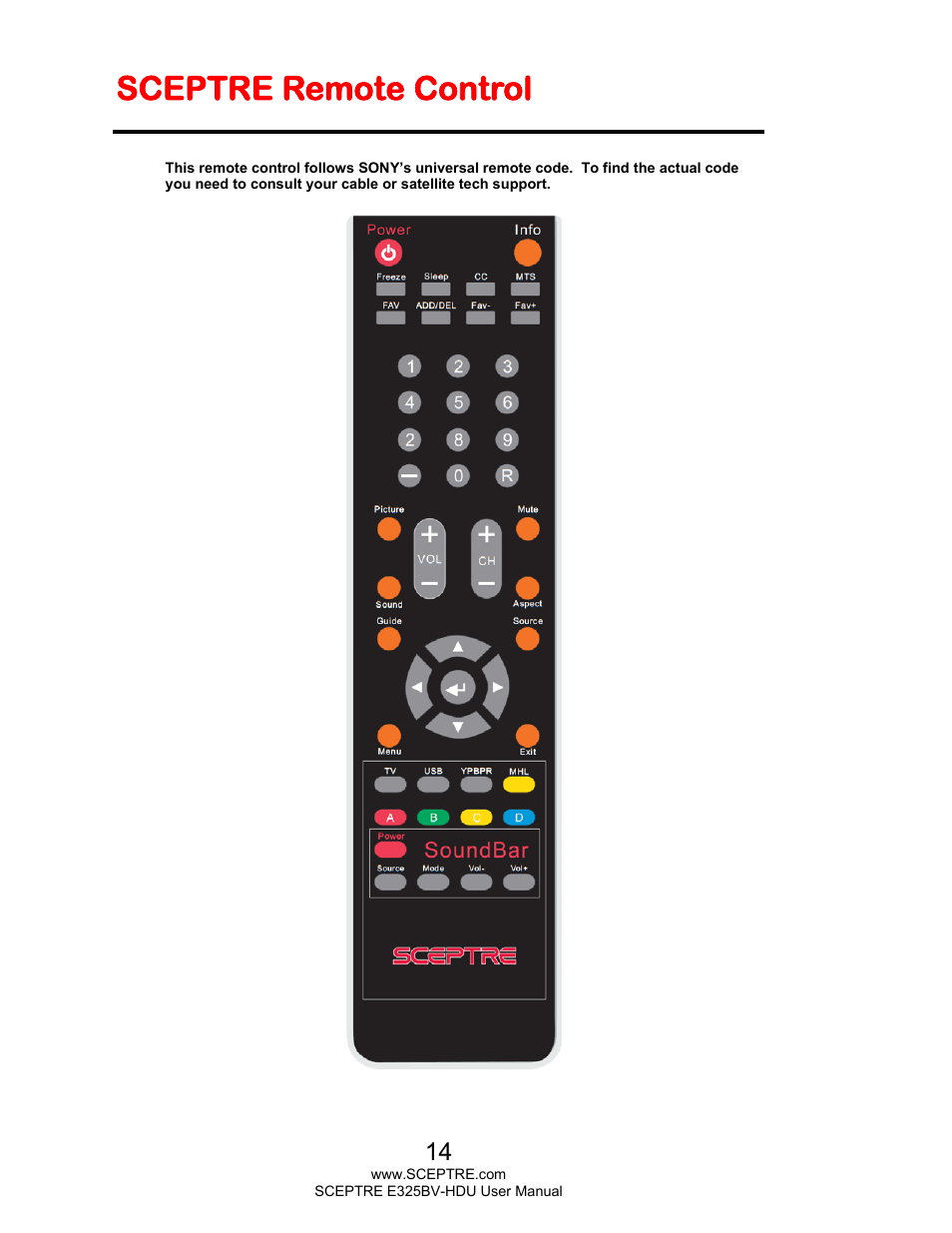 Sceptre remote control | Sceptre E325BV-HDU User Manual | Page 14 / 52