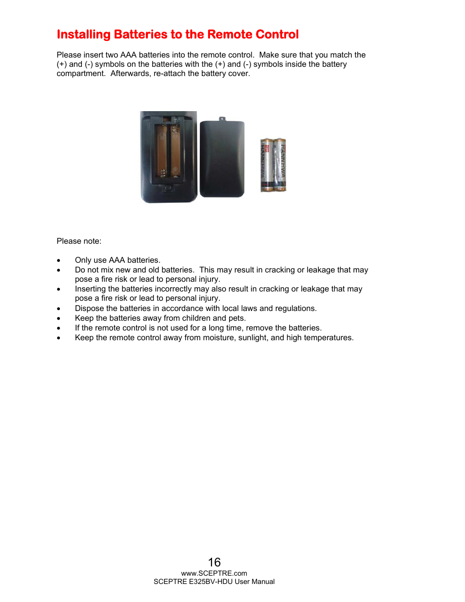 Installing batteries to the remote control | Sceptre E325BV-HDU User Manual | Page 16 / 52