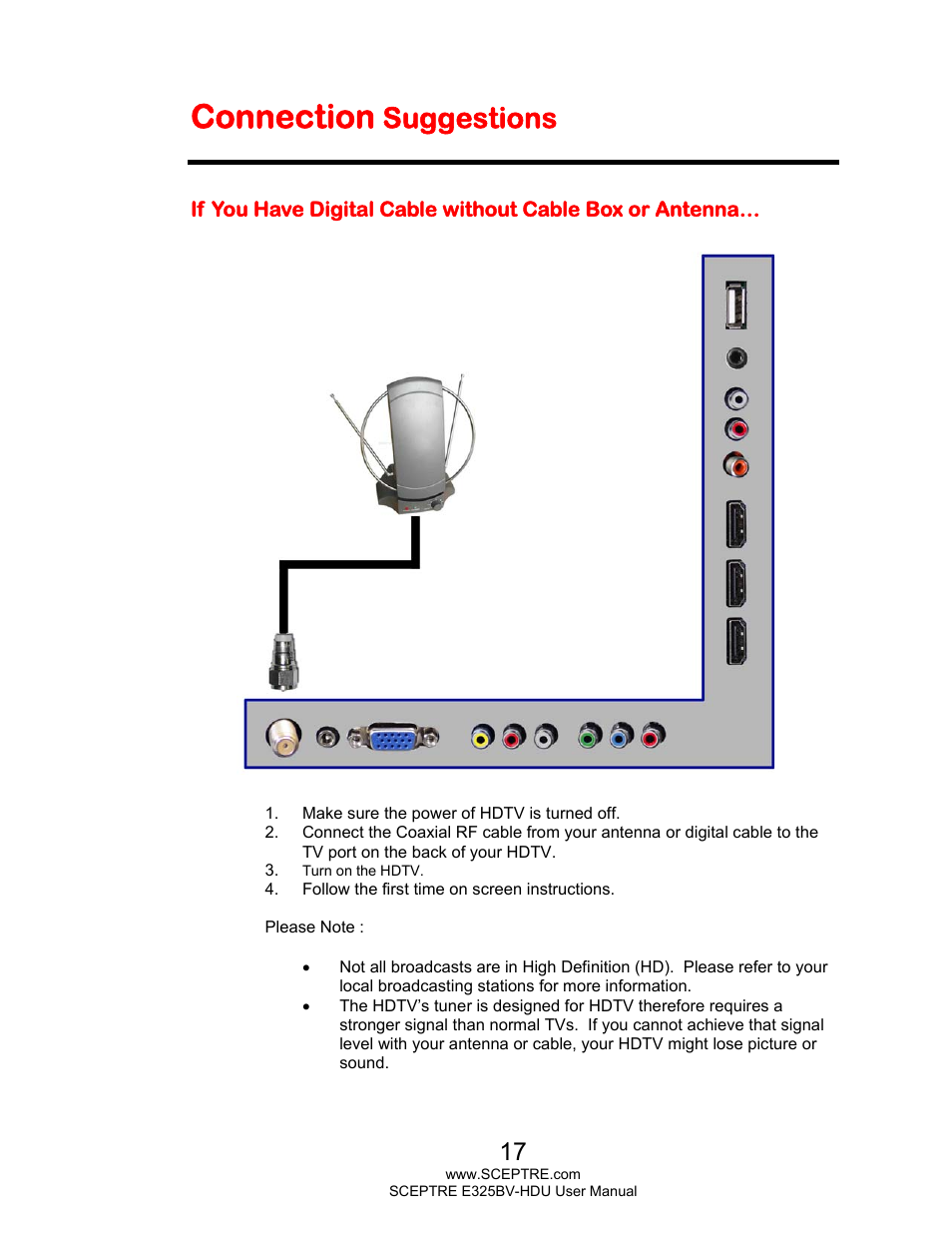 Connection, Suggestions | Sceptre E325BV-HDU User Manual | Page 17 / 52