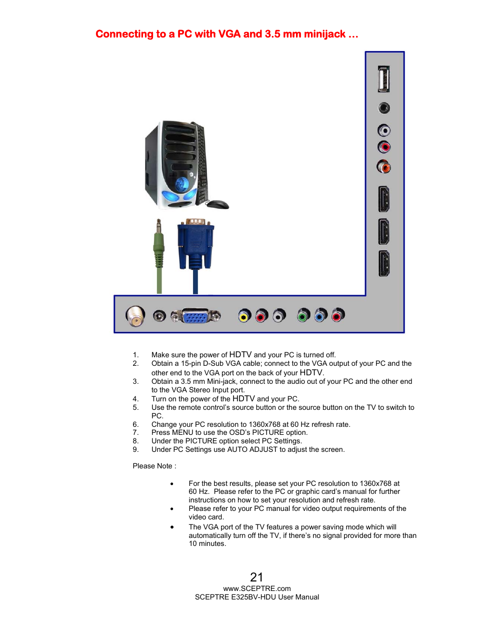 Connecting to a pc with vga and 3.5 mm minijack | Sceptre E325BV-HDU User Manual | Page 21 / 52