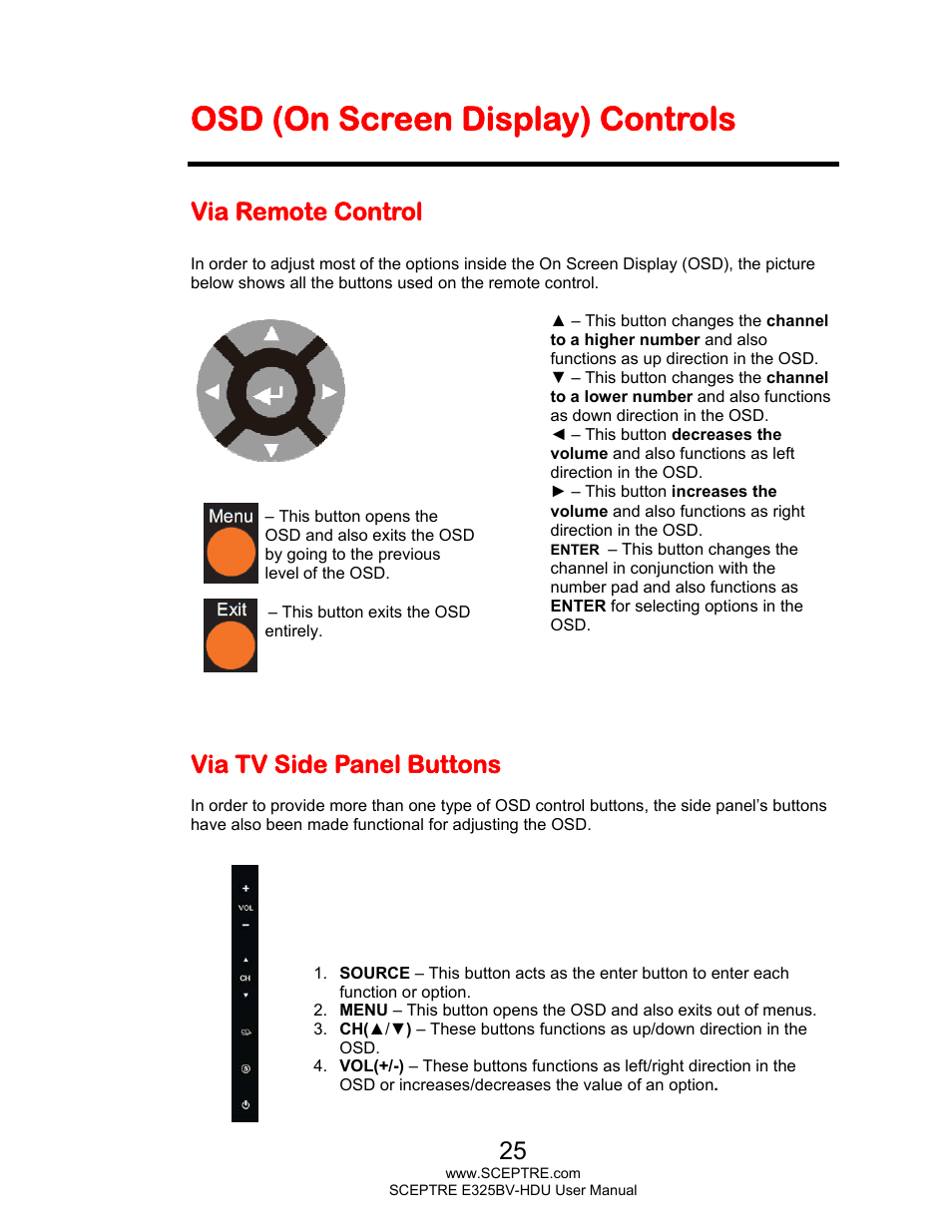 Osd (on screen display) controls, Via remote control, Via tv side panel buttons | Sceptre E325BV-HDU User Manual | Page 25 / 52