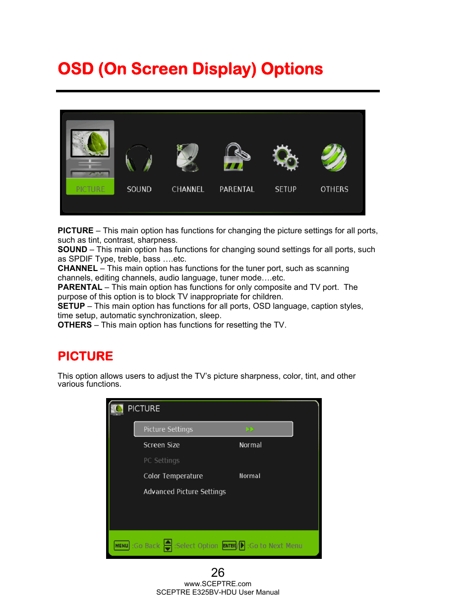 Osd (on screen display) options, Picture | Sceptre E325BV-HDU User Manual | Page 26 / 52