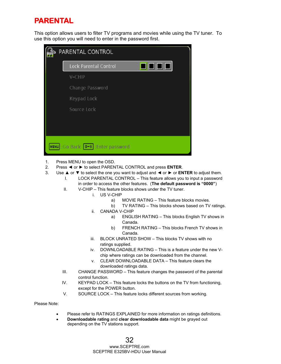 Parental | Sceptre E325BV-HDU User Manual | Page 32 / 52