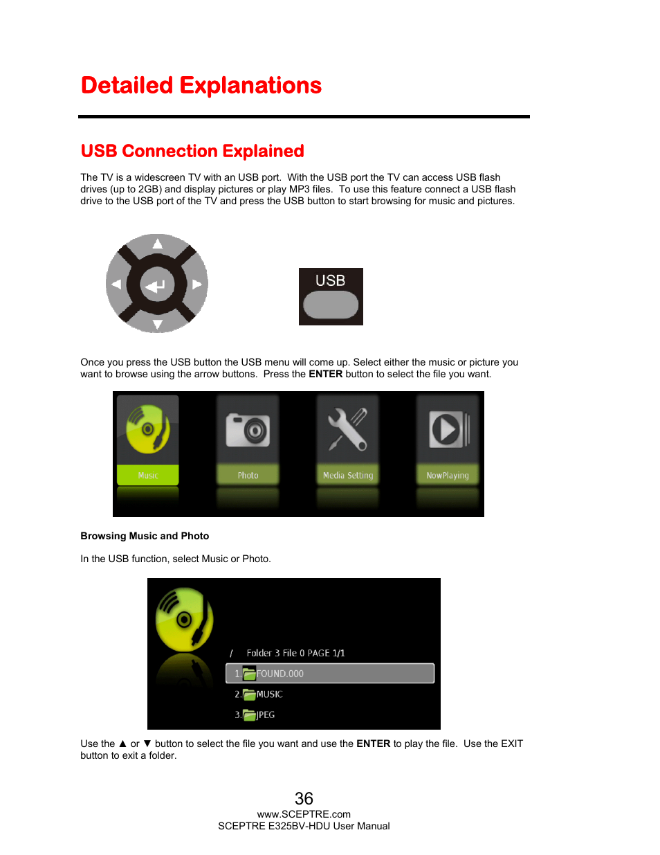 Detailed explanations, Usb connection explained | Sceptre E325BV-HDU User Manual | Page 36 / 52