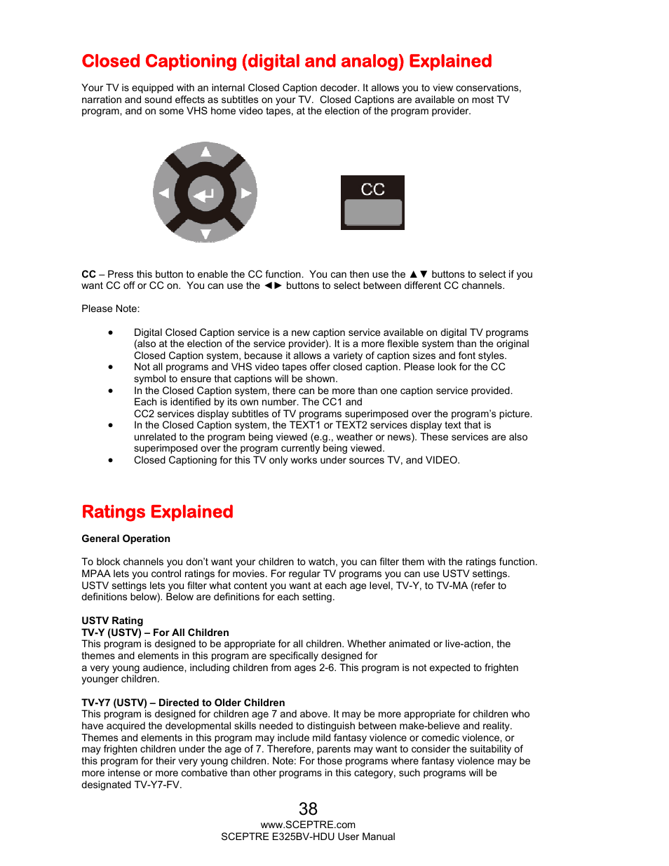 Closed captioning (digital and analog) explained, Ratings explained | Sceptre E325BV-HDU User Manual | Page 38 / 52