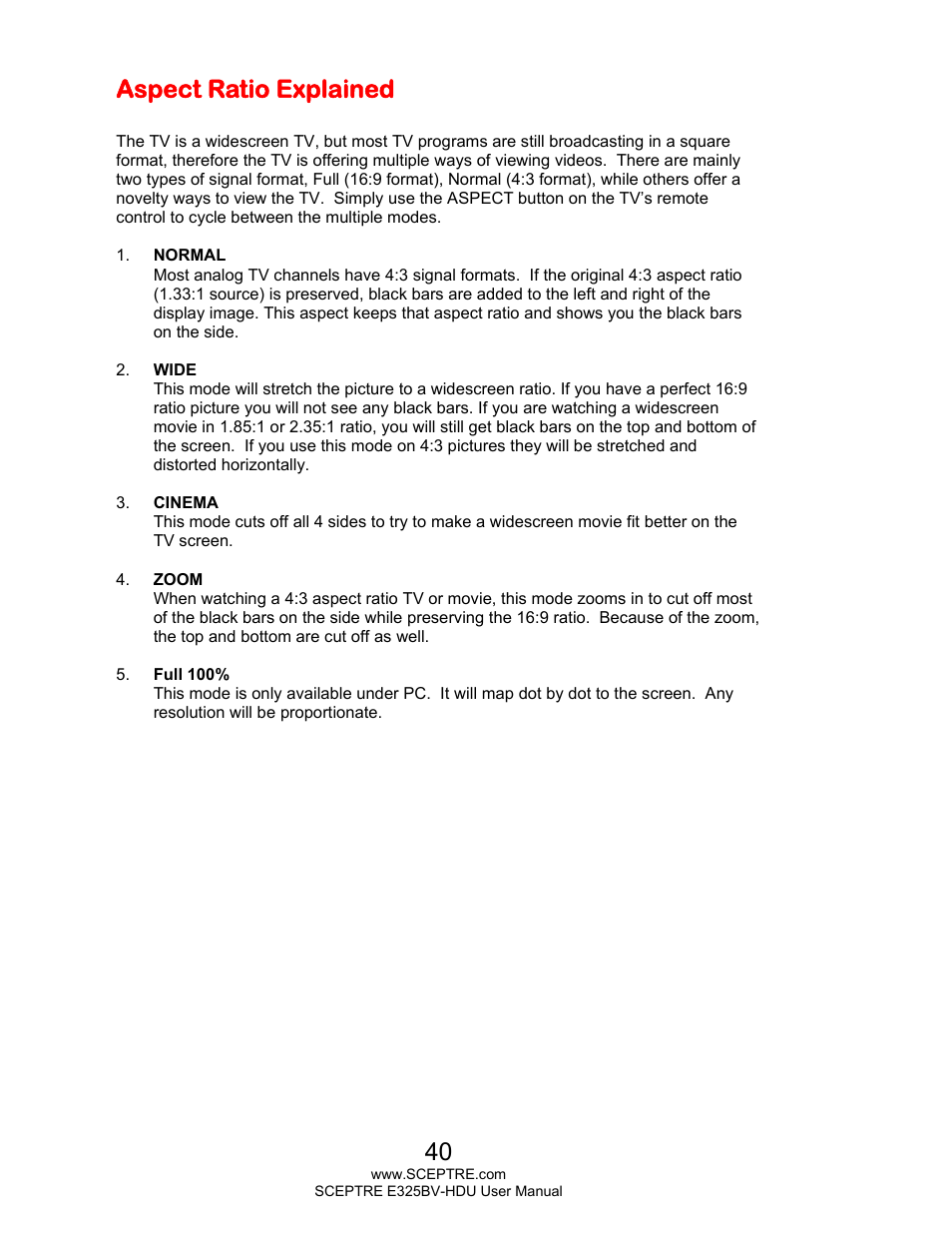 Aspect ratio explained | Sceptre E325BV-HDU User Manual | Page 40 / 52