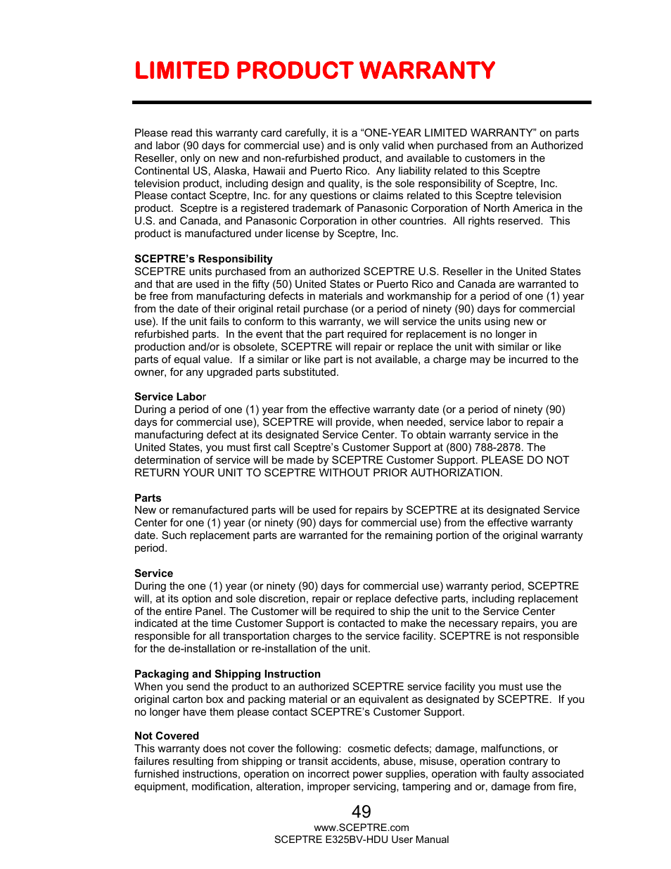 Limited product warranty | Sceptre E325BV-HDU User Manual | Page 49 / 52