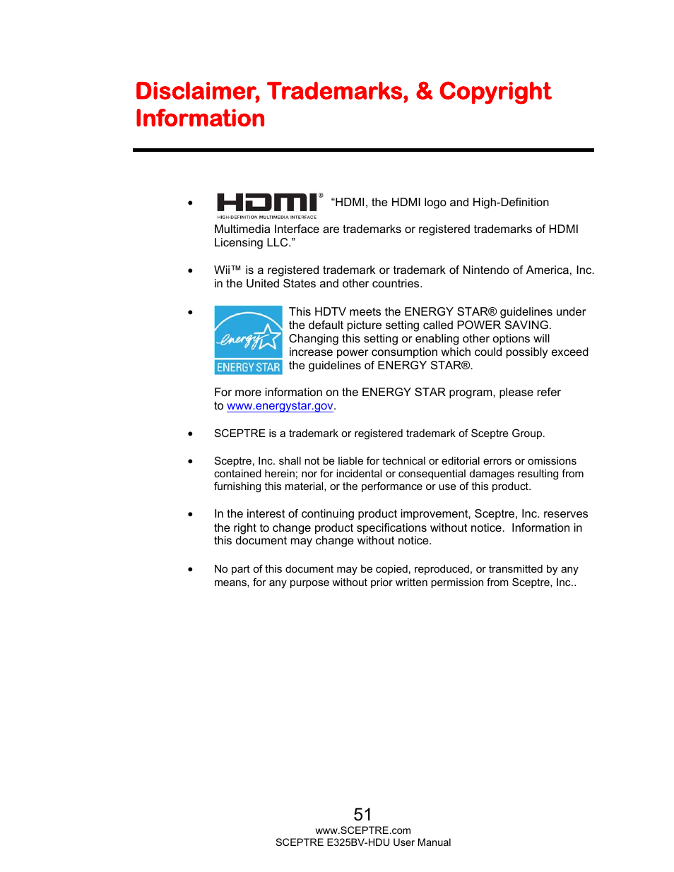 Disclaimer, trademarks, & copyright information | Sceptre E325BV-HDU User Manual | Page 51 / 52