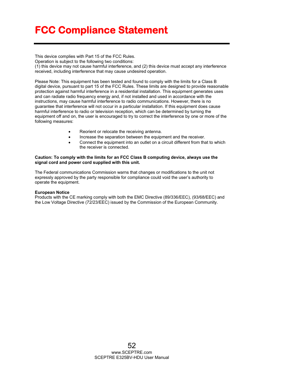 Fcc compliance statement | Sceptre E325BV-HDU User Manual | Page 52 / 52