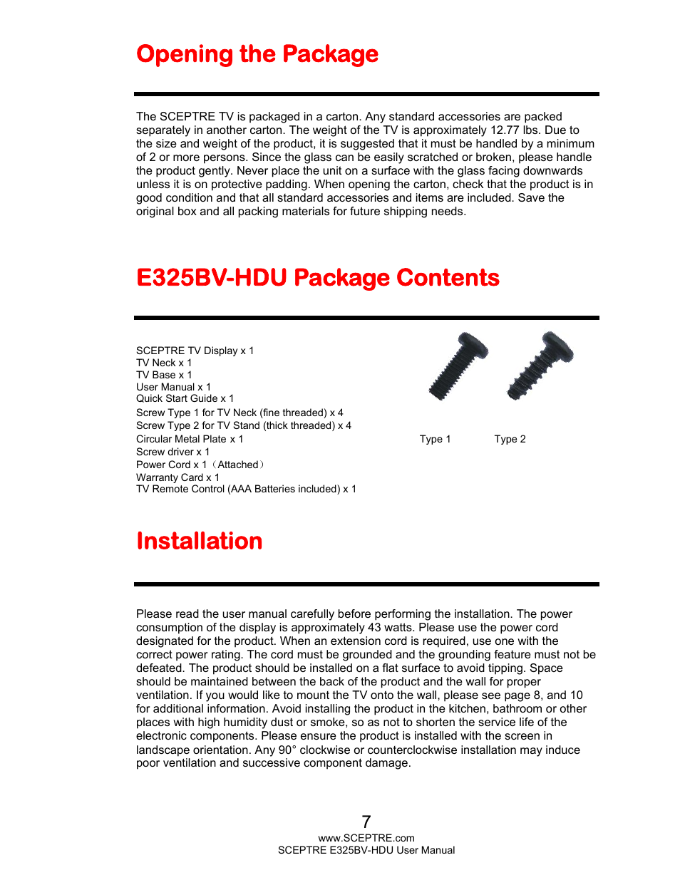 Opening the package, E325bv-hdu package contents, Installation | Sceptre E325BV-HDU User Manual | Page 7 / 52