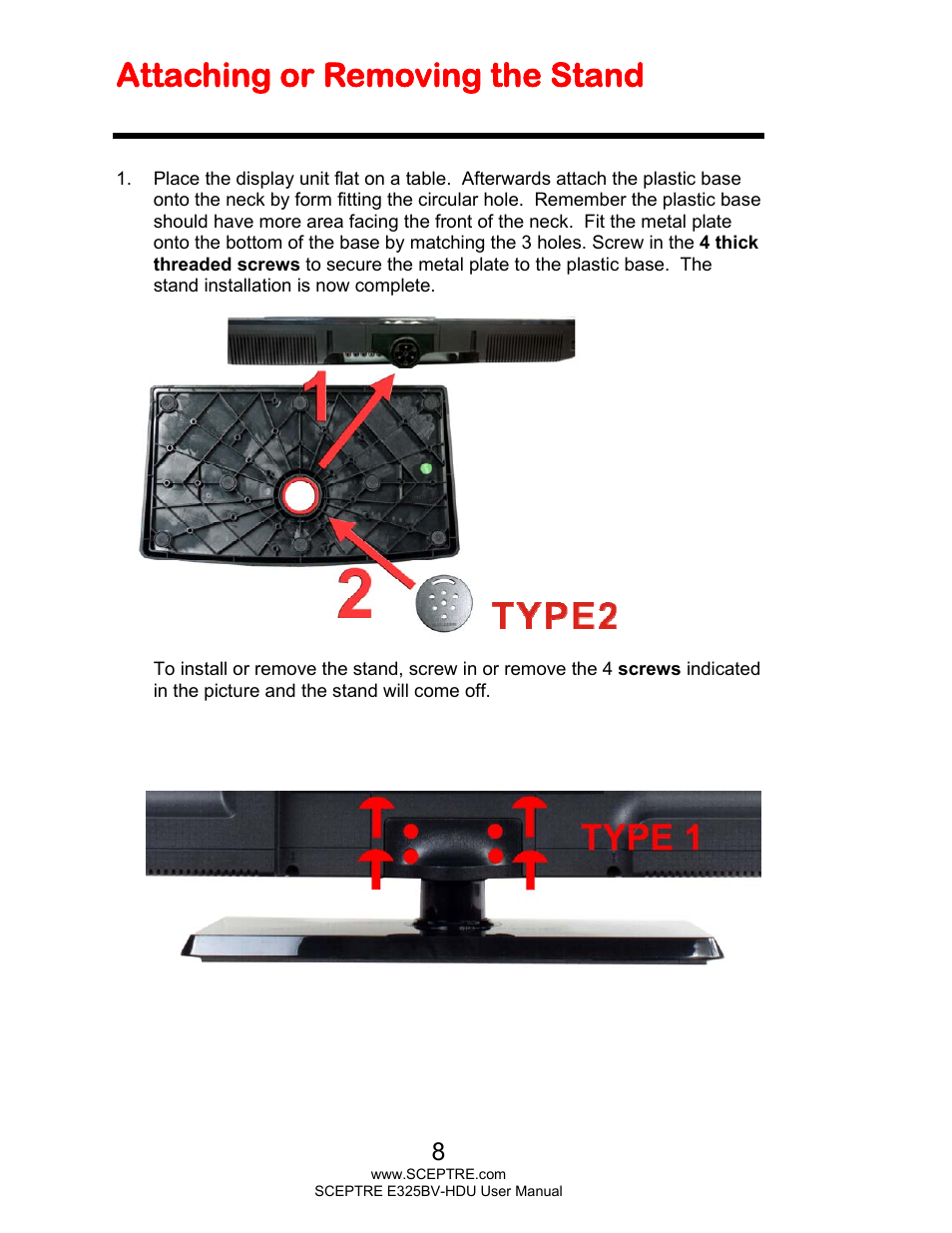 Attaching or removing the stand | Sceptre E325BV-HDU User Manual | Page 8 / 52