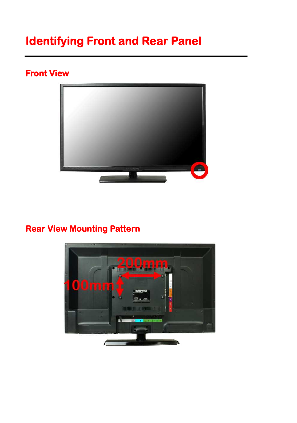 Identifying front and rear panel, Front view, Rear view mounting pattern | Sceptre X325BV-FMDR User Manual | Page 10 / 56