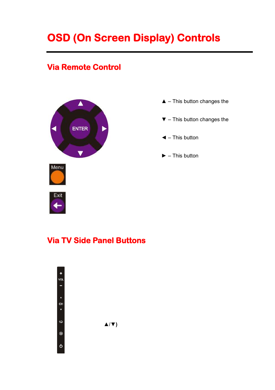 Osd (on screen display) controls, Via remote control, Via tv side panel buttons | Sceptre X325BV-FMDR User Manual | Page 25 / 56