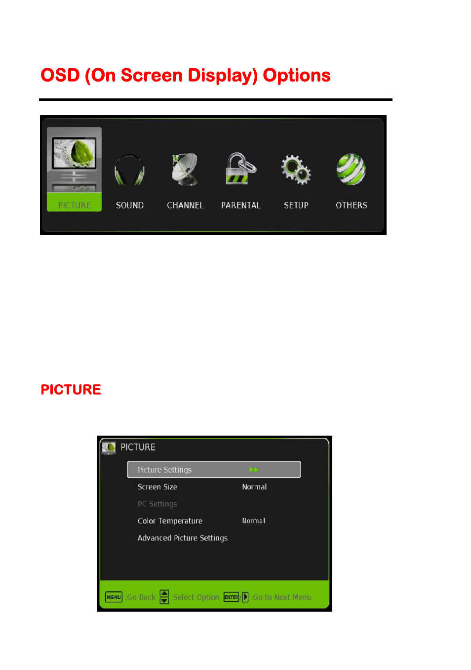 Osd (on screen display) options, Picture | Sceptre X325BV-FMDR User Manual | Page 26 / 56