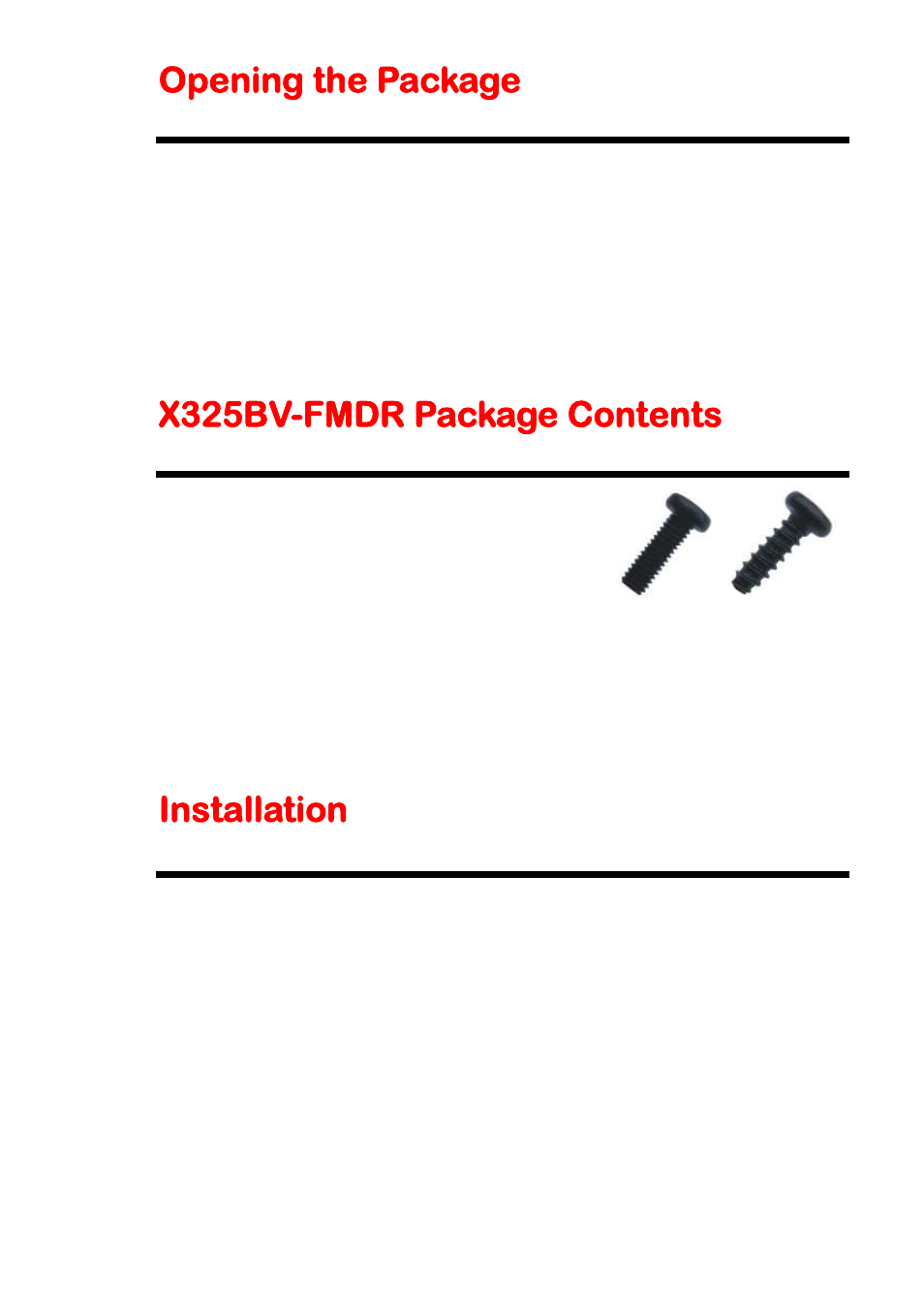 Opening the package, X325bv-fmdr package contents, Installation | Sceptre X325BV-FMDR User Manual | Page 7 / 56