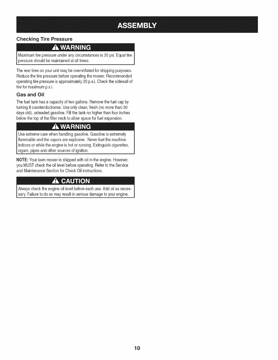 Checking tire pressure, Awarning, Gas and oil | A caution, Assembl | Craftsman 247.889980 User Manual | Page 10 / 76