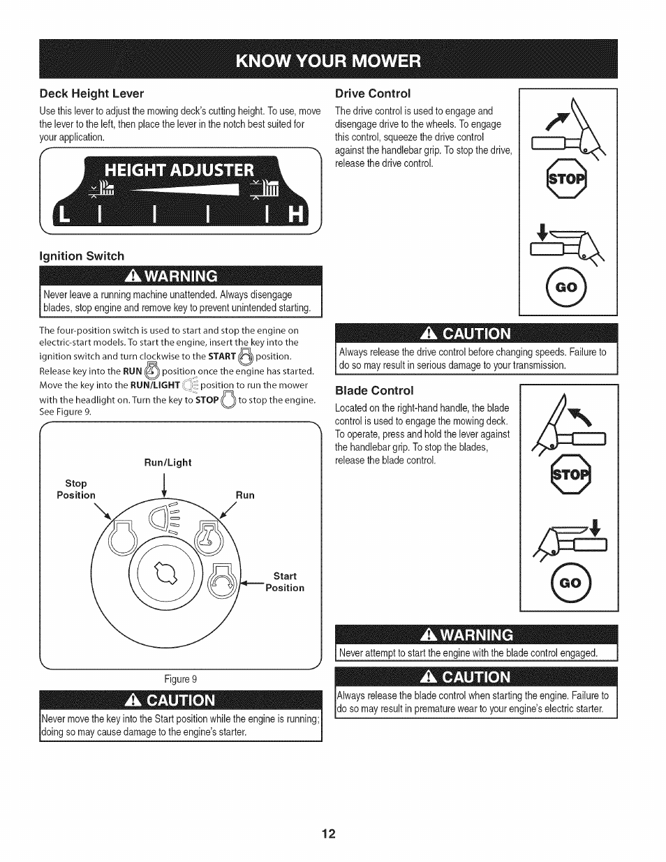 Deck height lever, Ignition switch, Awarning | A caution, Blade control, Know your mower | Craftsman 247.889980 User Manual | Page 12 / 76