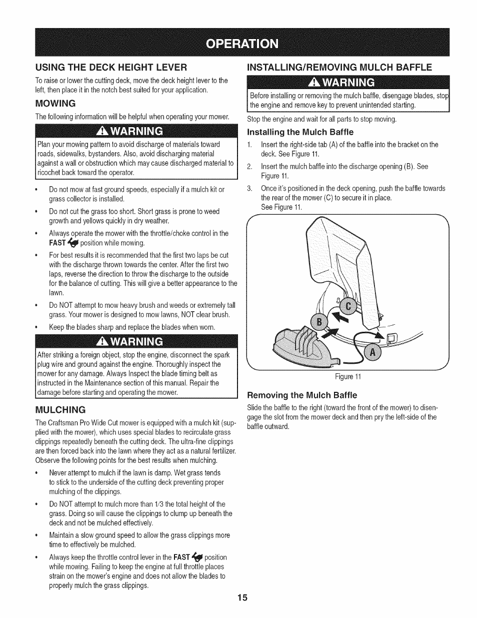 Operation, Mowing, Awarning | Mulching, Installing/removing mulch baffle, Installing the mulch baffle, Removing the mulch baffle | Craftsman 247.889980 User Manual | Page 15 / 76