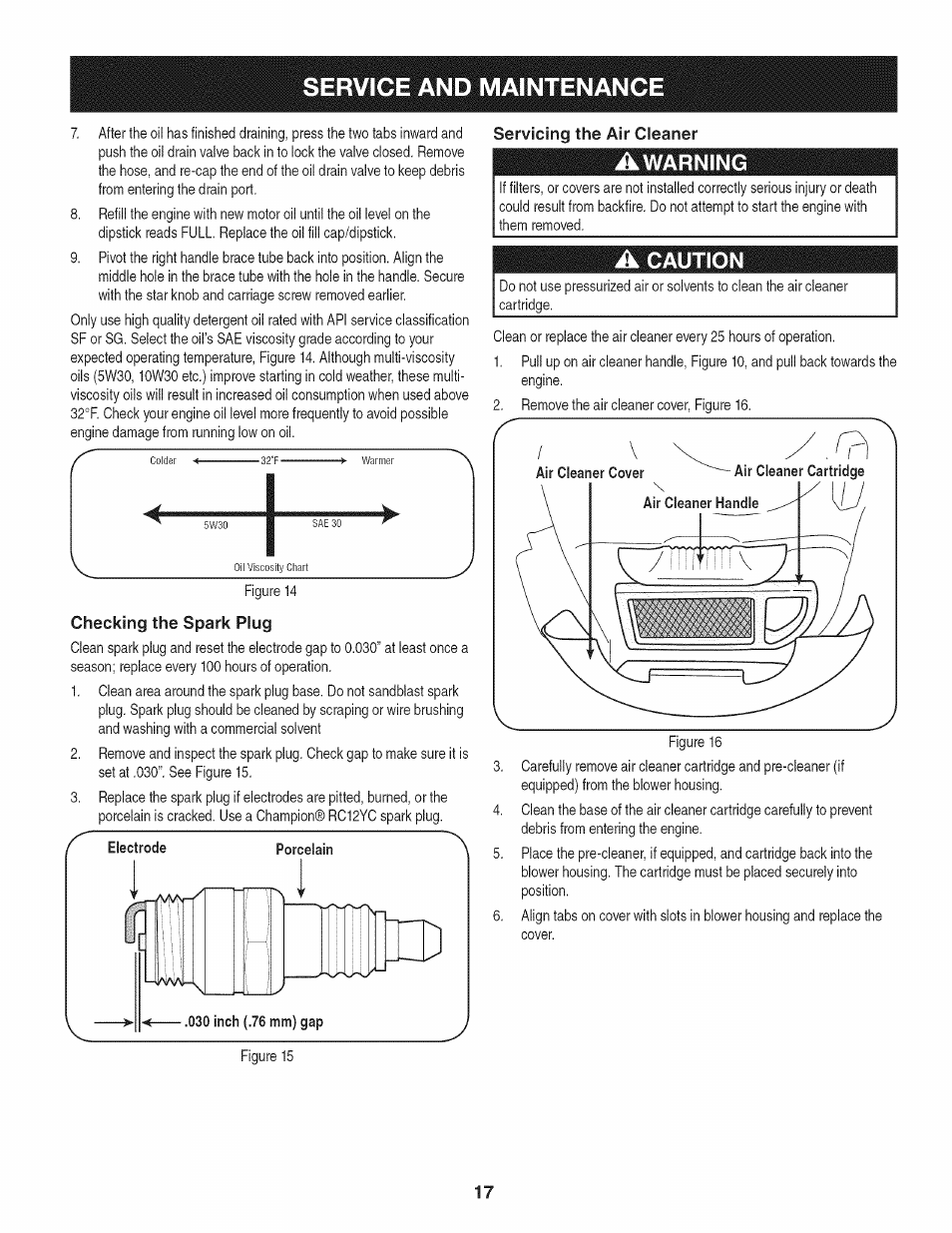 Checking the spark plug, Servicing the air cleaner, Awarning | A caution, Service and maintenance | Craftsman 247.889980 User Manual | Page 17 / 76