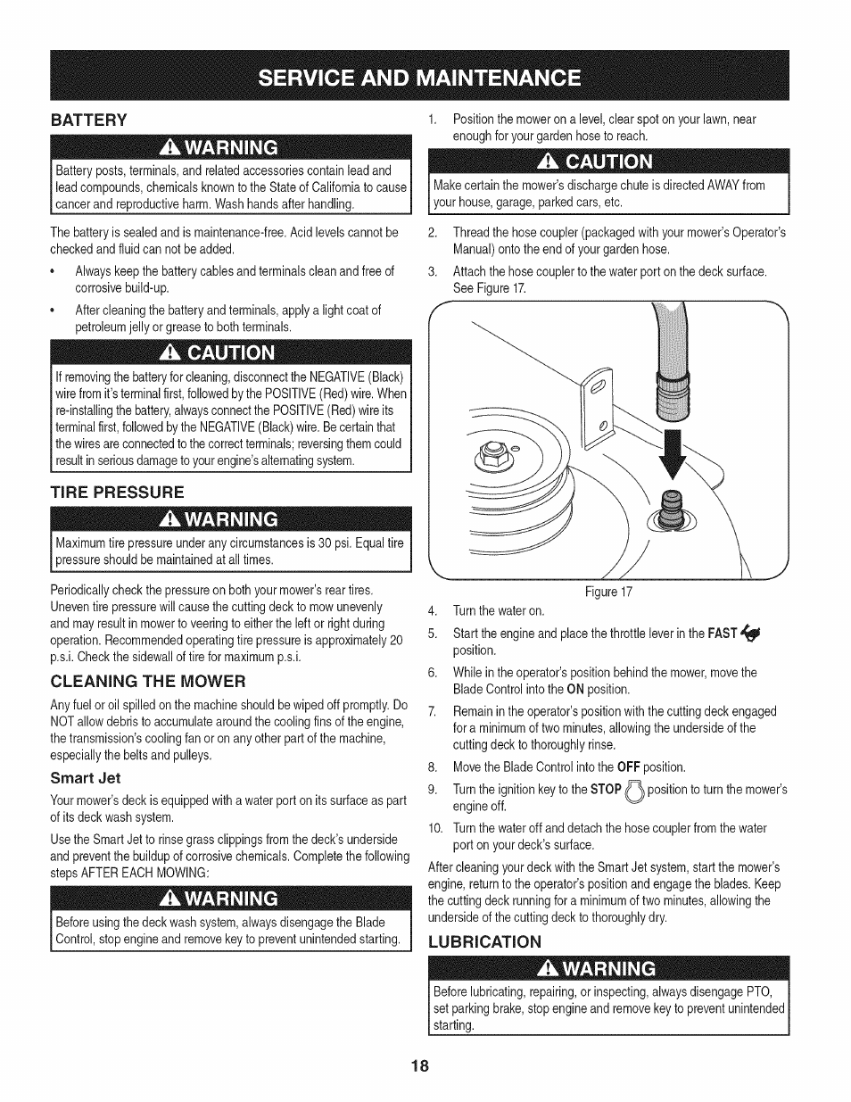 A caution, Tire pressure, Awarning | Cleaning the mower, Smart jet, Lubrication, Service and maintenance | Craftsman 247.889980 User Manual | Page 18 / 76
