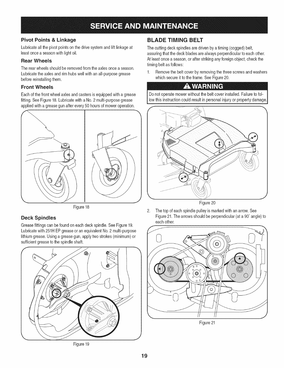 Pivot points & linkage, Rear wheels, Front wheels | Blade timing belt, Deck spindles, Service and maintenance | Craftsman 247.889980 User Manual | Page 19 / 76