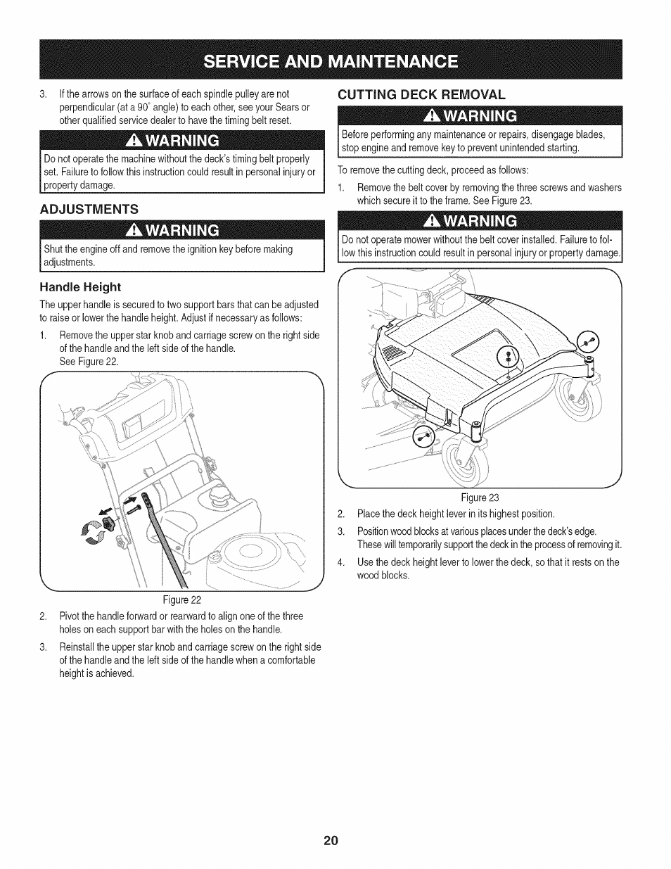Adjustments, Awarning, Handle height | Cutting deck removal, Service and maintenance | Craftsman 247.889980 User Manual | Page 20 / 76