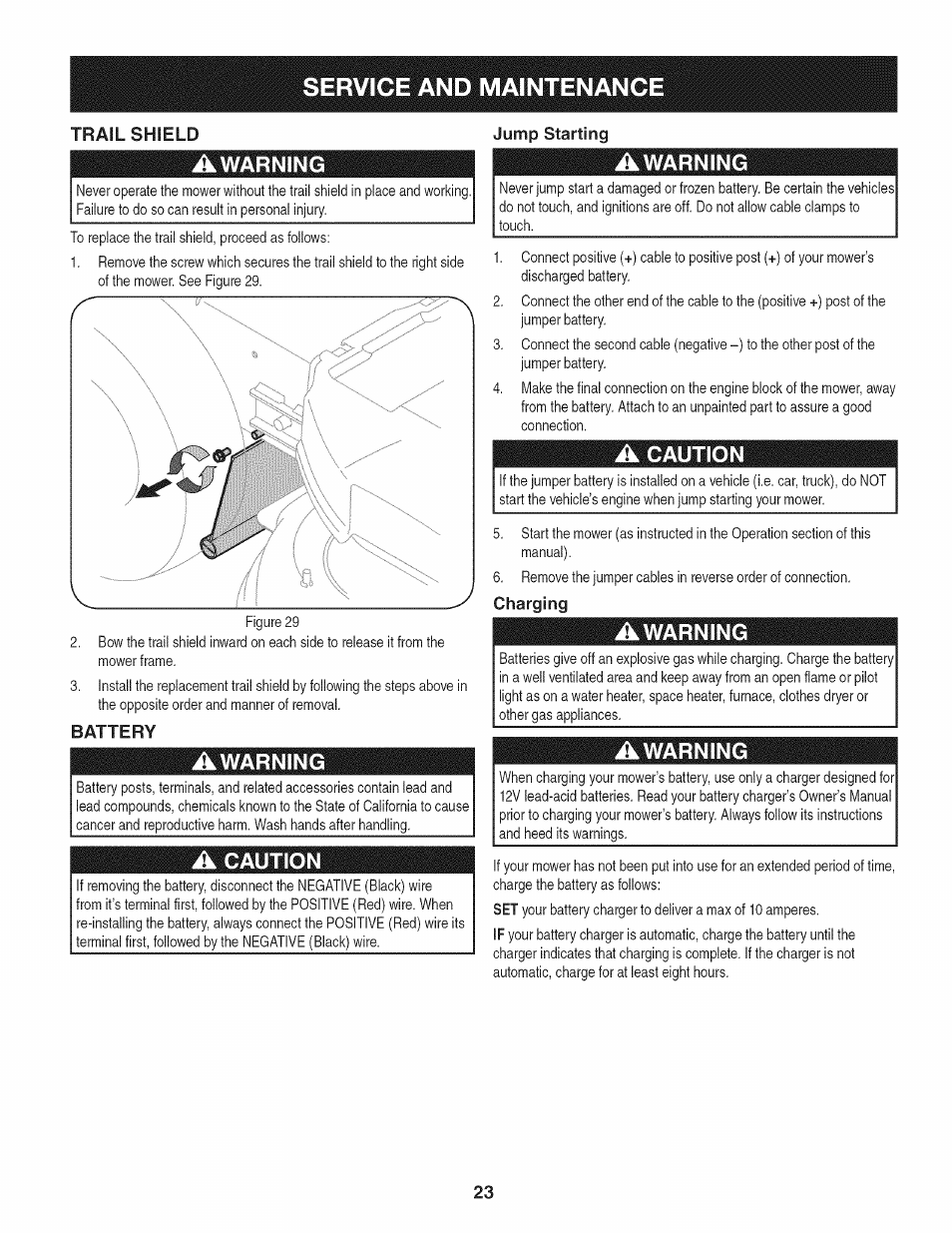 Trail shield, Awarning, Battery | A caution, Jump starting, Charging, Service and maintenanc | Craftsman 247.889980 User Manual | Page 23 / 76