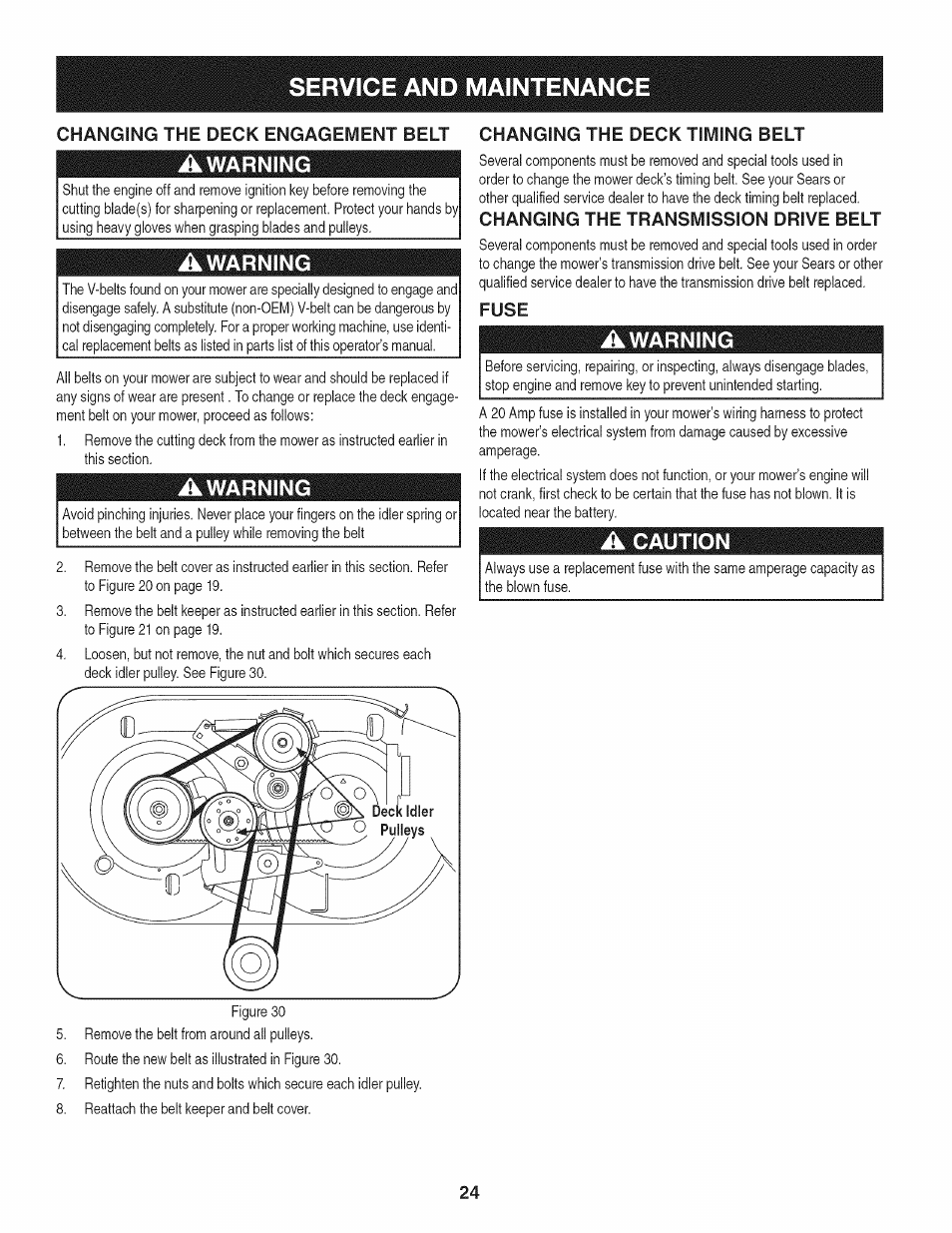 Awarning, Fuse, A caution | Service and maintenance | Craftsman 247.889980 User Manual | Page 24 / 76