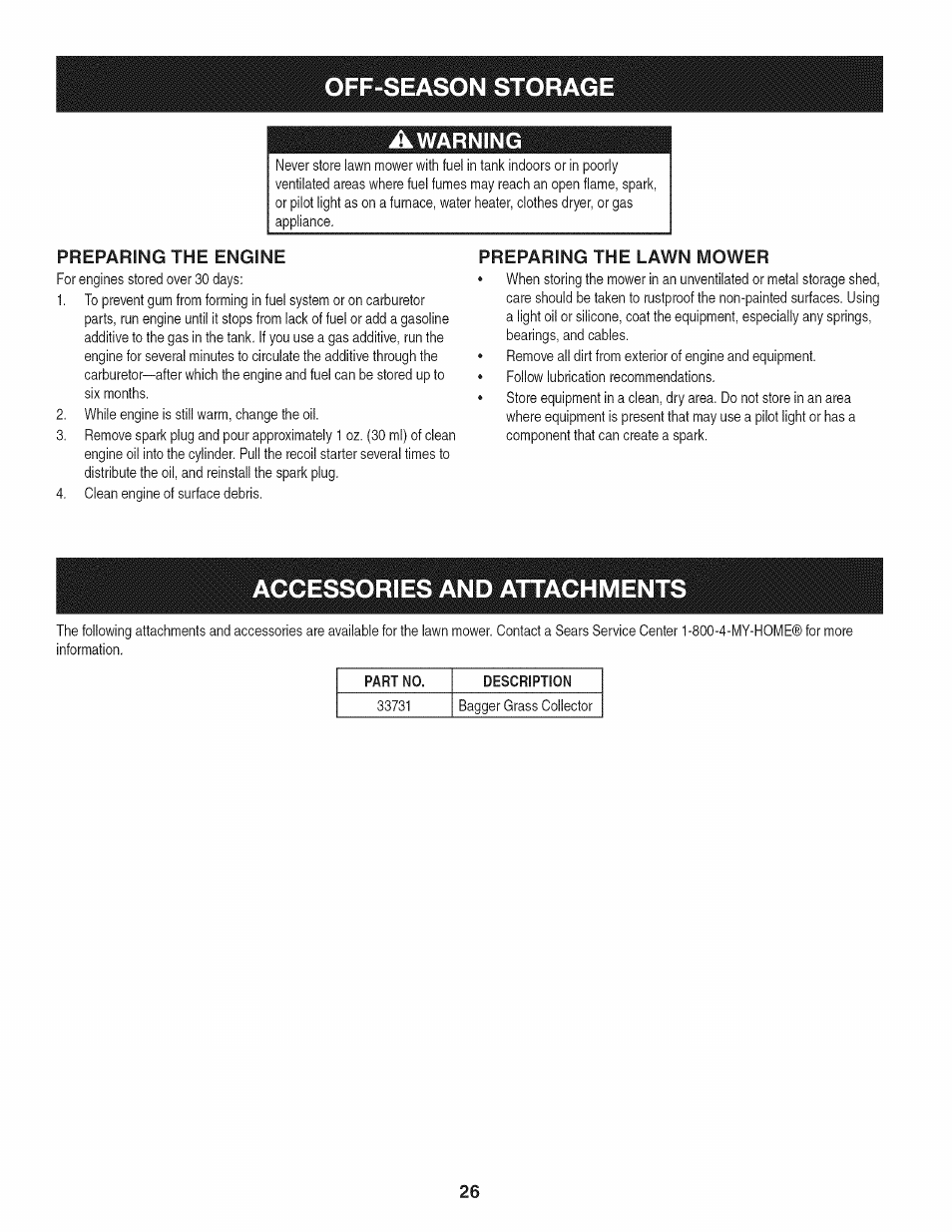 Preparing the engine, Preparing the lawn mower, Accessories and attachments | Off-season storag | Craftsman 247.889980 User Manual | Page 26 / 76