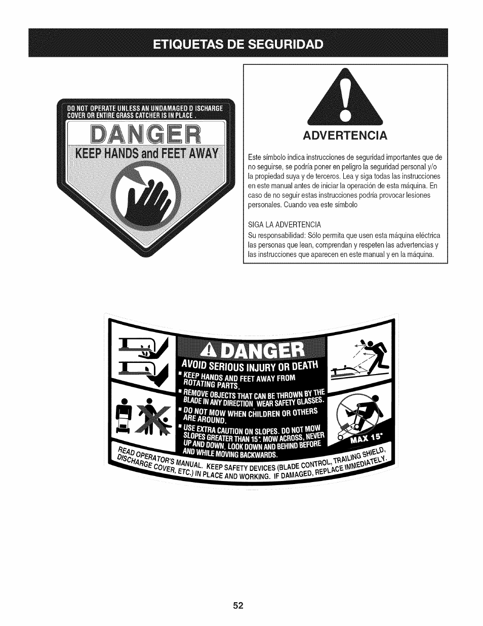 A danger, Etiquetas de segurida | Craftsman 247.889980 User Manual | Page 52 / 76