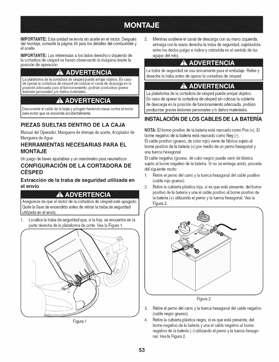 A advertencia, Piezas sueltas dentro de la caja, Herramientas necesarias para el montaje | Instalacion de los cables de la bateria, Advertencia | Craftsman 247.889980 User Manual | Page 53 / 76