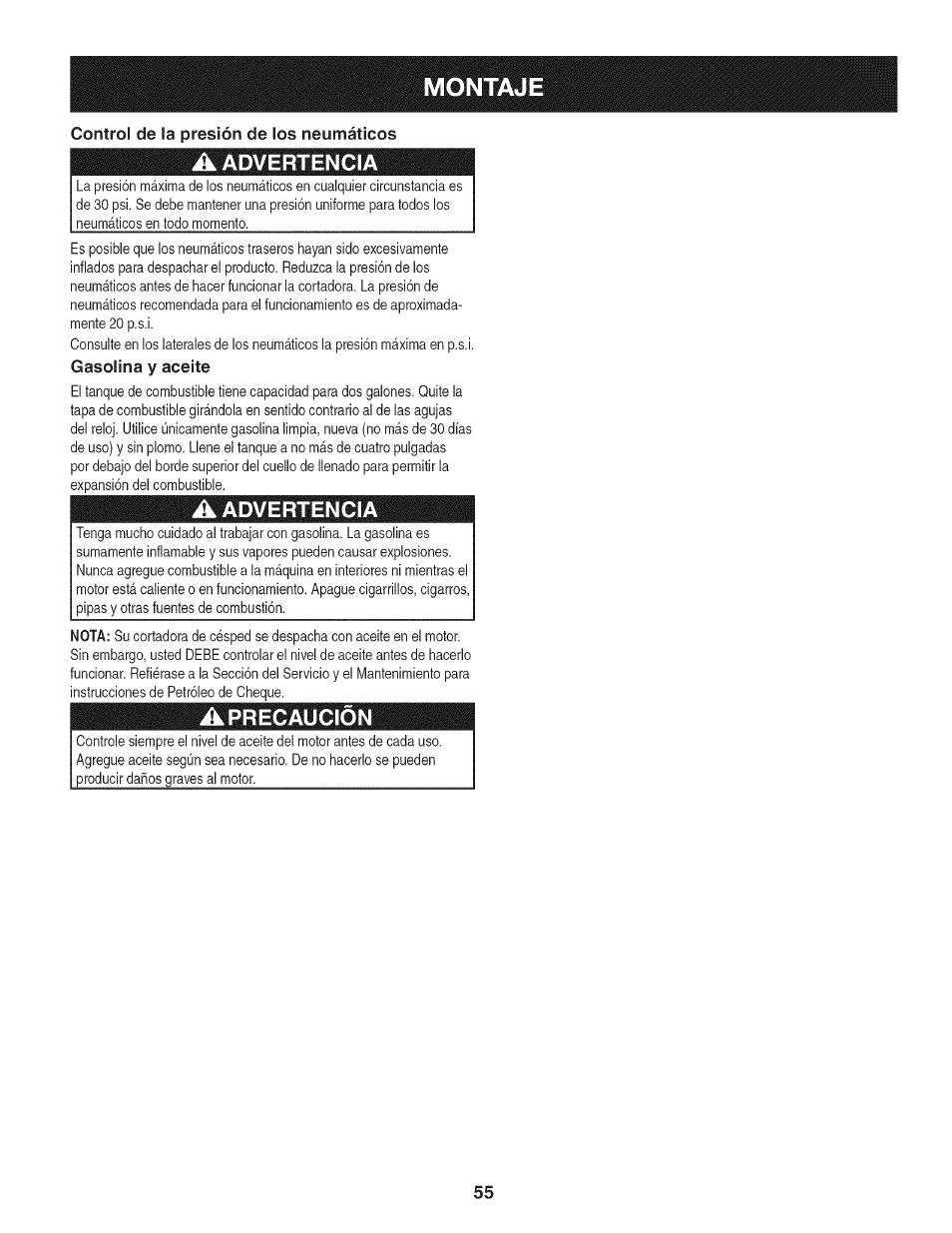 Control de la presión de los neumáticos, A advertencia, Gasolina y aceite | A precaucion, Montaje | Craftsman 247.889980 User Manual | Page 55 / 76