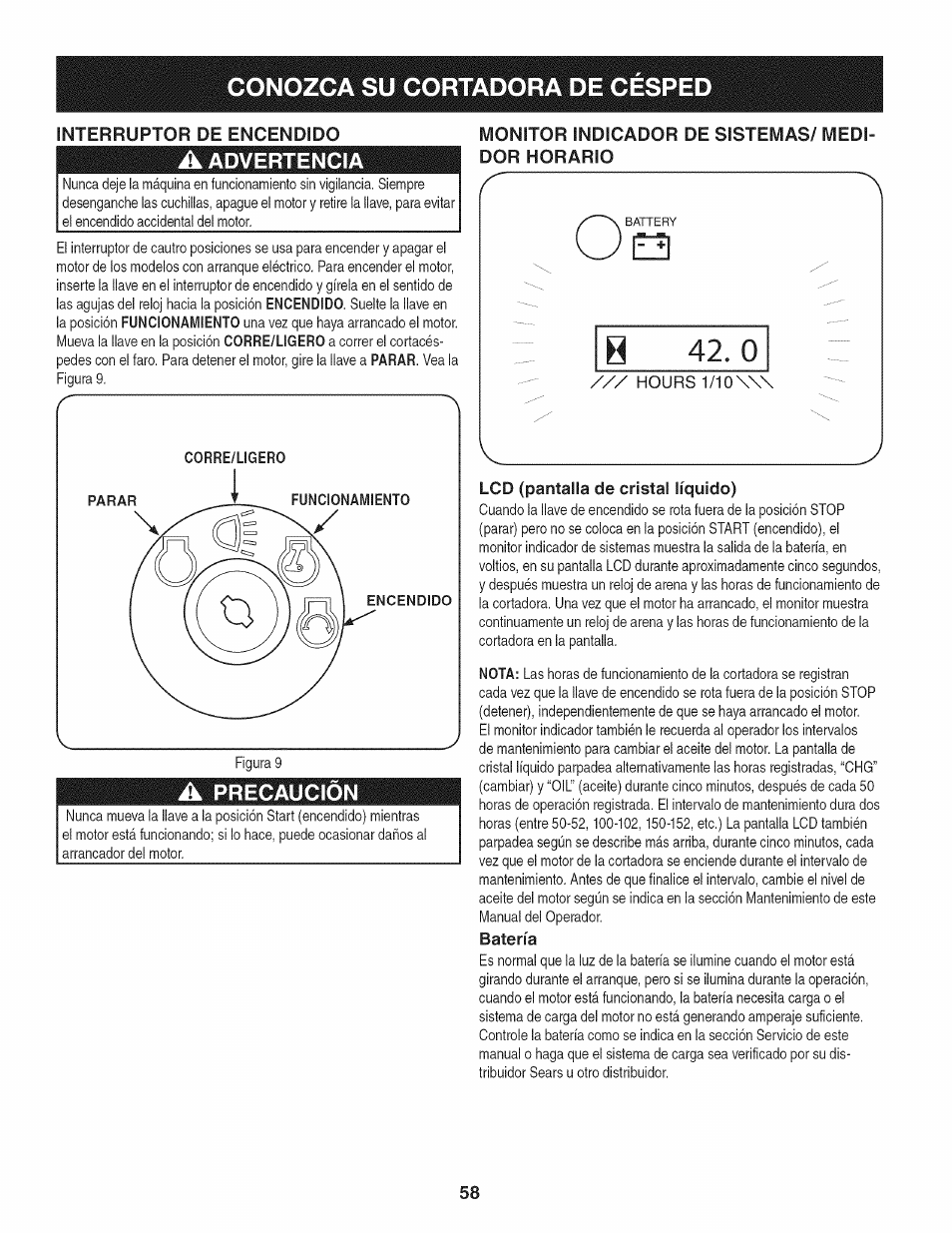 A advertencia, Monitor indicador de sistemas/ medidor horario, Lcd (pantalla de cristal líquido) | Batería, Conozca su cortadora de cesped | Craftsman 247.889980 User Manual | Page 58 / 76