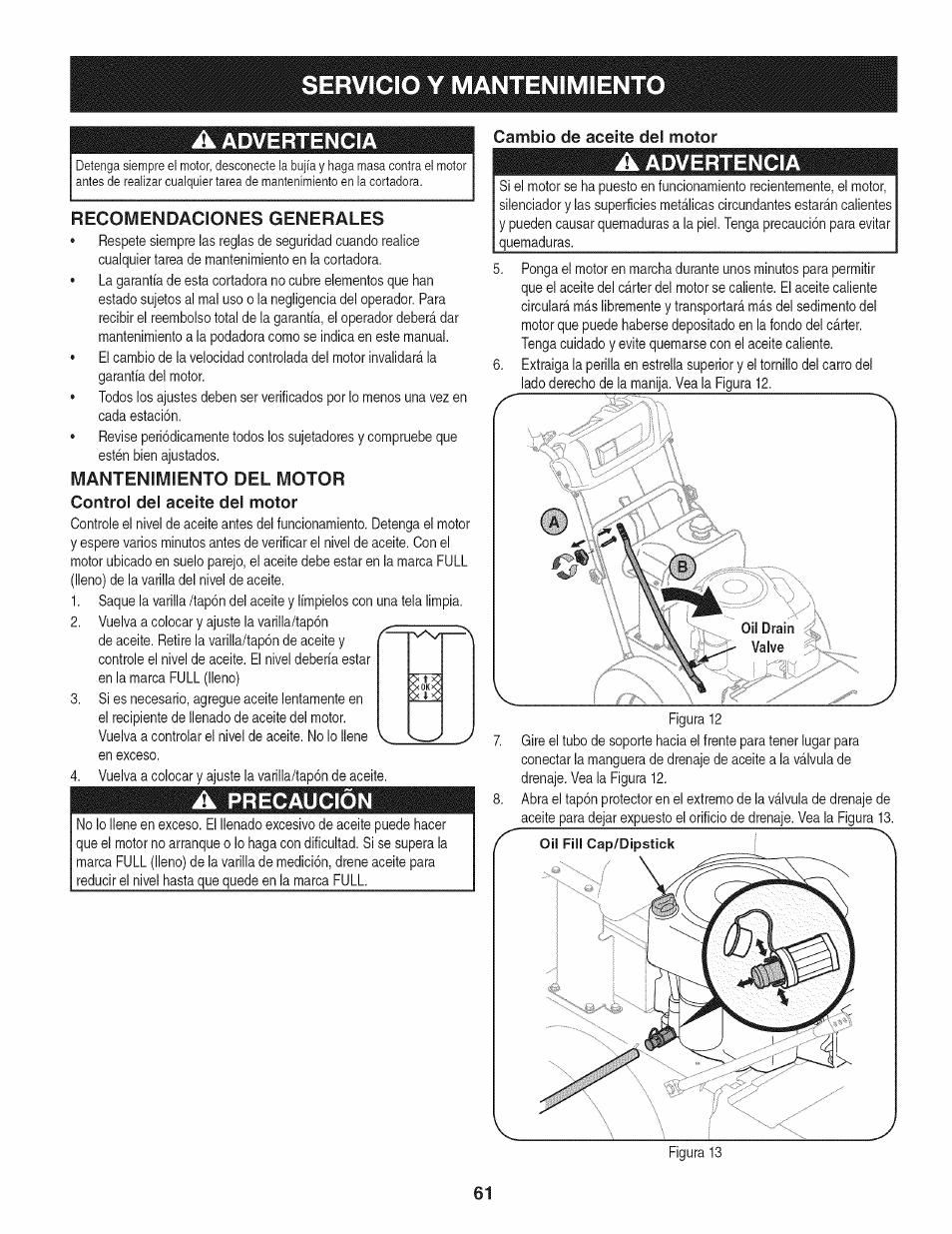 A advertencia, A precaucion, Cambio de aceite del motor | Servicio y mantenimiento, Advertencia, Precaucion | Craftsman 247.889980 User Manual | Page 61 / 76